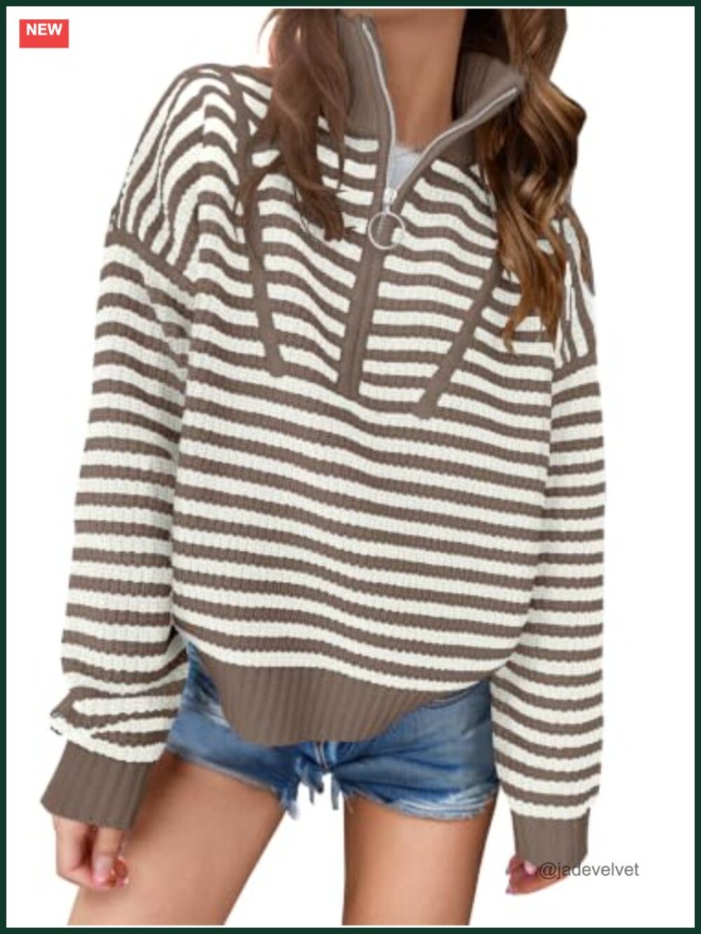 Womens Striped Quarter Zip Fall Sweater Pullover Loose Knit Tops